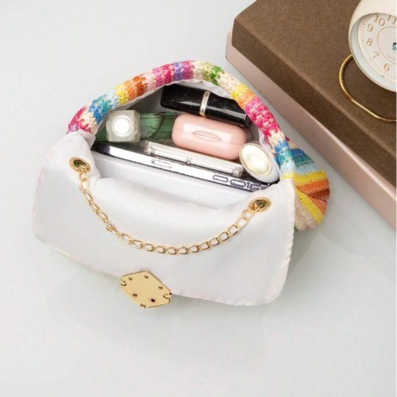 Color Block Straw Bag Metal Decor Chain Strap - Picture 3 of 5